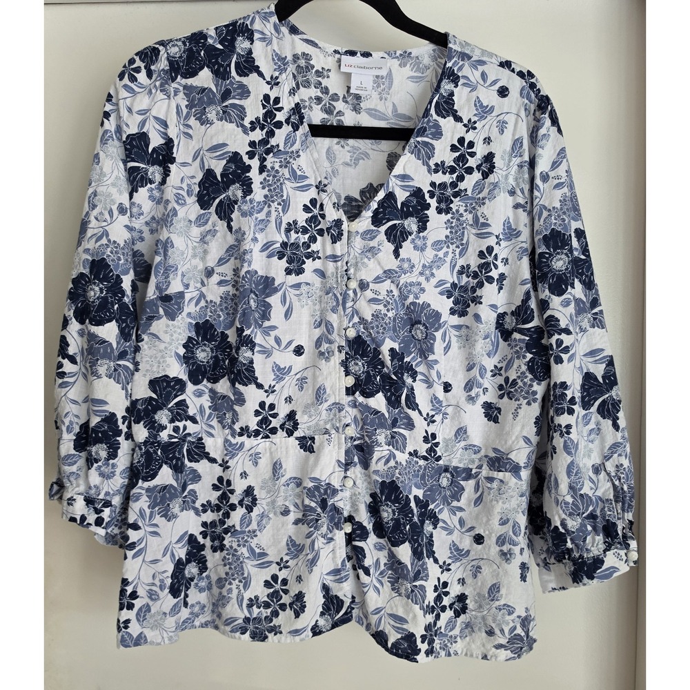 Liz Claiborne Blouse Size L Floral Long Sleeve V-Neck Blue White Top Shirt